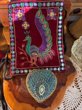 Embroidered Peacock Mini Bag in Burgundy and Teal